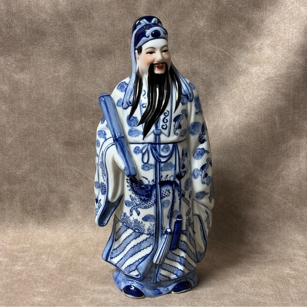 Vtg Chinese FUXING IMMORTAL GOD OF FORTUNE BLUE & WHITE Porcelain Figurine 13”